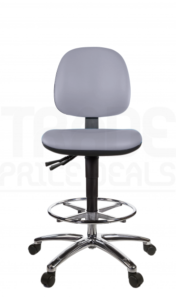 Vinyl Draughtsman Chair | Chrome Footrest | Medium Back | No Arms | Static Seat | Braked Castors | Seal Grey | L-Tech