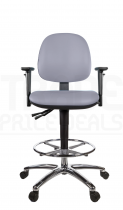 Vinyl Draughtsman Chair | Chrome Footrest | Medium Back | Adjustable Arms | Static Seat | Standard Castors | Seal Grey | L-Tech