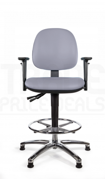 Vinyl Draughtsman Chair | Chrome Footrest | Medium Back | Adjustable Arms | Static Seat | Glides | Seal Grey | L-Tech