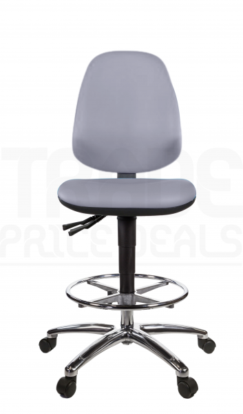 Vinyl Draughtsman Chair | Chrome Footrest | High Back | No Arms | Static Seat | Standard Castors | Seal Grey | L-Tech