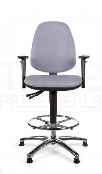 Vinyl Draughtsman Chair | Chrome Footrest | High Back | Adjustable Arms | Static Seat | Glides | Seal Grey | L-Tech