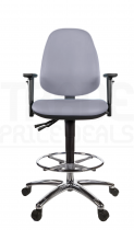 Vinyl Draughtsman Chair | Chrome Footrest | High Back | Adjustable Arms | Independent Seat Tilt | Braked Castors | Seal Grey | L-Tech