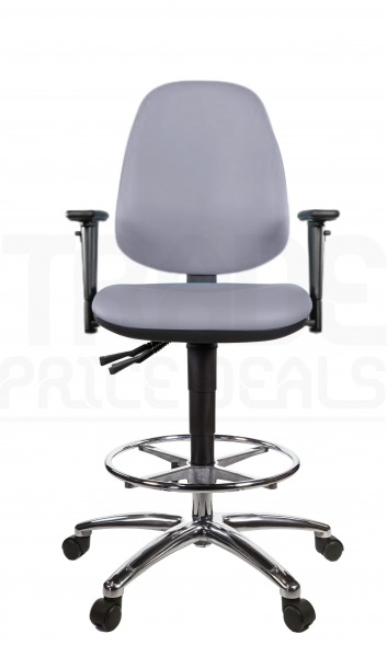 Vinyl Draughtsman Chair | Chrome Footrest | High Back | Adjustable Arms | Independent Seat Tilt | Braked Castors | Seal Grey | L-Tech