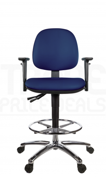 Vinyl Draughtsman Chair | Chrome Footrest | Medium Back | Adjustable Arms | Static Seat | Braked Castors | Marina Blue | L-Tech