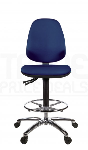 Vinyl Draughtsman Chair | Chrome Footrest | High Back | No Arms | Static Seat | Braked Castors | Marina Blue | L-Tech