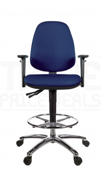 Vinyl Draughtsman Chair | Chrome Footrest | High Back | Adjustable Arms | Static Seat | Standard Castors | Marina Blue | L-Tech