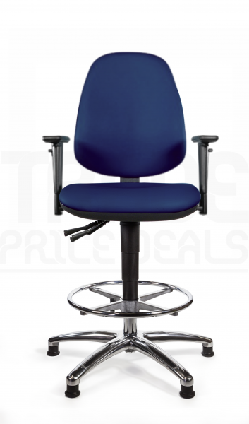 Vinyl Draughtsman Chair | Chrome Footrest | High Back | Adjustable Arms | Static Seat | Glides | Marina Blue | L-Tech