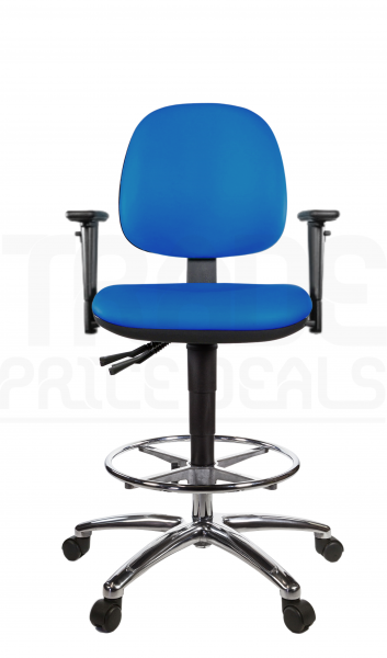 Vinyl Draughtsman Chair | Chrome Footrest | Medium Back | Adjustable Arms | Static Seat | Standard Castors | Clash Blue | L-Tech