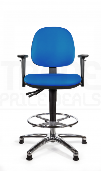 Vinyl Draughtsman Chair | Chrome Footrest | Medium Back | Adjustable Arms | Static Seat | Glides | Clash Blue | L-Tech