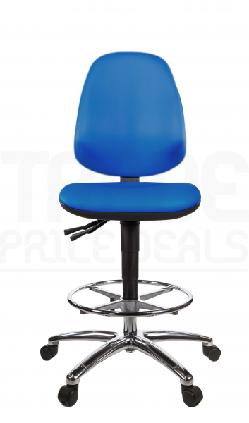 Vinyl Draughtsman Chair | Chrome Footrest | High Back | No Arms | Independent Seat Tilt | Braked Castors | Clash Blue | L-Tech