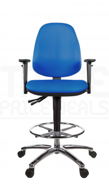 Vinyl Draughtsman Chair | Chrome Footrest | High Back | Adjustable Arms | Static Seat | Braked Castors | Clash Blue | L-Tech