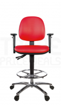 Vinyl Draughtsman Chair | Chrome Footrest | Medium Back | Adjustable Arms | Static Seat | Braked Castors | Tomato Red | L-Tech