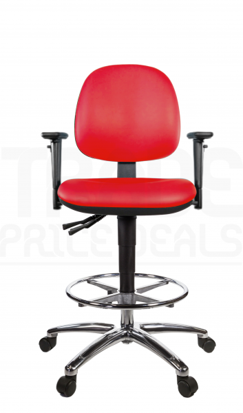 Vinyl Draughtsman Chair | Chrome Footrest | Medium Back | Adjustable Arms | Independent Seat Tilt | Braked Castors | Tomato Red | L-Tech