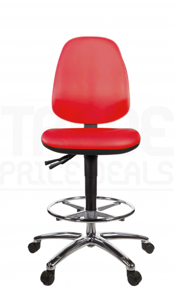 Vinyl Draughtsman Chair | Chrome Footrest | High Back | No Arms | Independent Seat Tilt | Braked Castors | Tomato Red | L-Tech