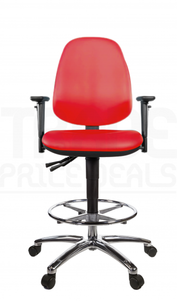 Vinyl Draughtsman Chair | Chrome Footrest | High Back | Adjustable Arms | Static Seat | Braked Castors | Tomato Red | L-Tech