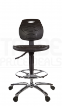 PU Draughtsman Chair | Chrome Footrest | No Arms | Static Seat | Braked Castors | Black | L-Tech