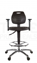 PU Draughtsman Chair | Chrome Footrest | Adjustable Arms | Static Seat | Standard Castors | Black | L-Tech