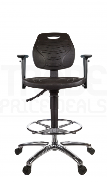 PU Draughtsman Chair | Chrome Footrest | Adjustable Arms | Static Seat | Braked Castors | Black | L-Tech
