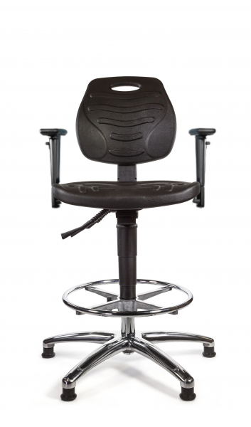 PU Draughtsman Chair | Chrome Footrest | Adjustable Arms | Static Seat | Glides | Black | L-Tech