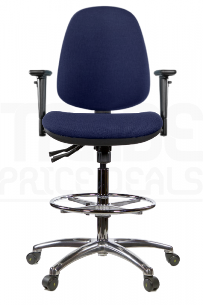 ESD Draughtsman Chair | Chrome Footrest | High Back | Adjustable Arms | Static Seat | Braked Castors | Twilight Navy | E-Tech