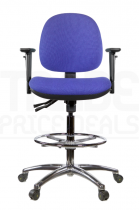 ESD Draughtsman Chair | Chrome Footrest | Medium Back | Adjustable Arms | Static Seat | Braked Castors | Corinth Blue | E-Tech