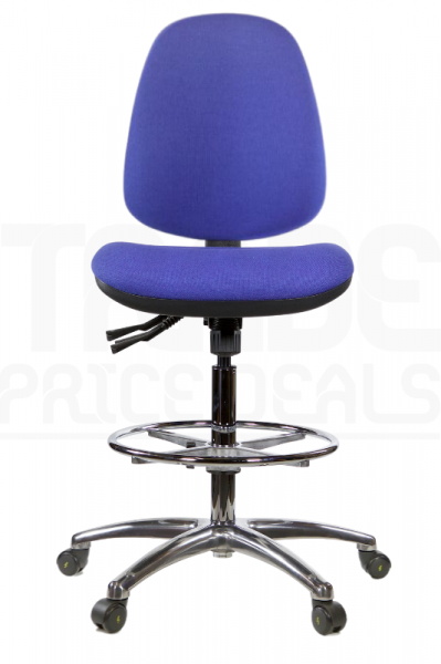 ESD Draughtsman Chair | Chrome Footrest | High Back | No Arms | Static Seat | Braked Castors | Corinth Blue | E-Tech