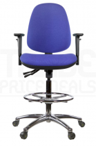 ESD Draughtsman Chair | Chrome Footrest | High Back | Adjustable Arms | Static Seat | Braked Castors | Corinth Blue | E-Tech