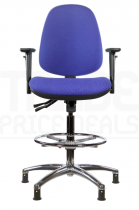 ESD Draughtsman Chair | Chrome Footrest | High Back | Adjustable Arms | Static Seat | Glides | Corinth Blue | E-Tech