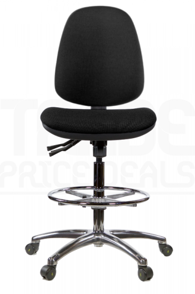 ESD Draughtsman Chair | Chrome Footrest | High Back | No Arms | Independent Seat Tilt | Braked Castors | Black | E-Tech
