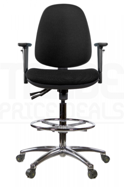 ESD Draughtsman Chair | Chrome Footrest | High Back | Adjustable Arms | Static Seat | Braked Castors | Black | E-Tech