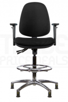 ESD Draughtsman Chair | Chrome Footrest | High Back | Adjustable Arms | Static Seat | Glides | Black | E-Tech
