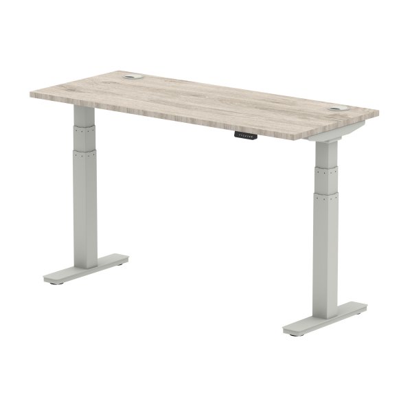 Sit-Stand Desk | 1400 x 600mm | Silver Legs | Grey Oak Top | Cable Ports | Air