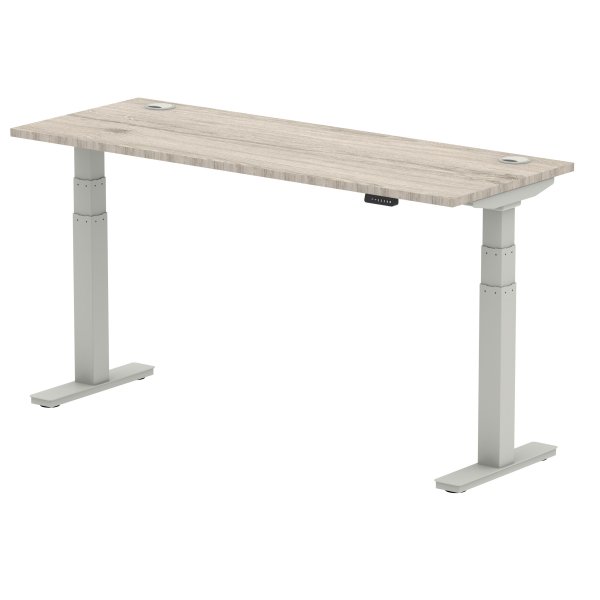 Sit-Stand Desk | 1600 x 600mm | Silver Legs | Grey Oak Top | Cable Ports | Air