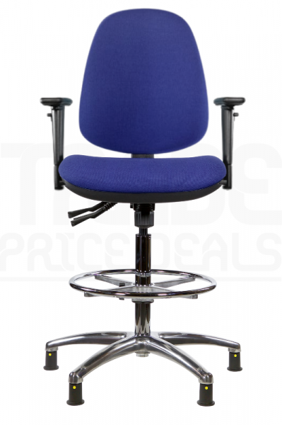 ESD Draughtsman Chair | Chrome Footrest | High Back | Adjustable Arms | Independent Seat Tilt | Glides | Cobalt Blue | E-Tech
