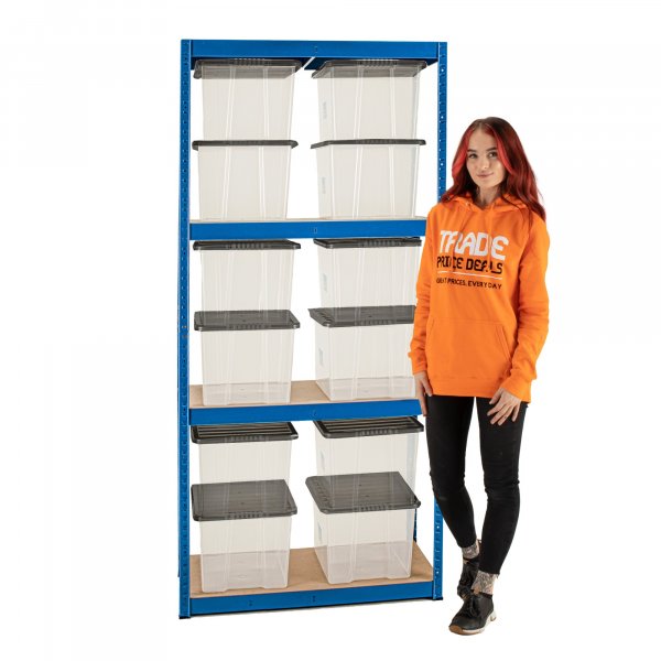 Everyday Storage Shelving Bay | 1800h x 900w x 450d mm | 4 Levels | 12 x 30 Litre Clear Plastic Storage Boxes