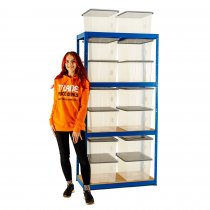 Everyday Storage Shelving Bay | 1800h x 900w x 450d mm | 4 Levels | 14 x 30 Litre Clear Plastic Storage Boxes