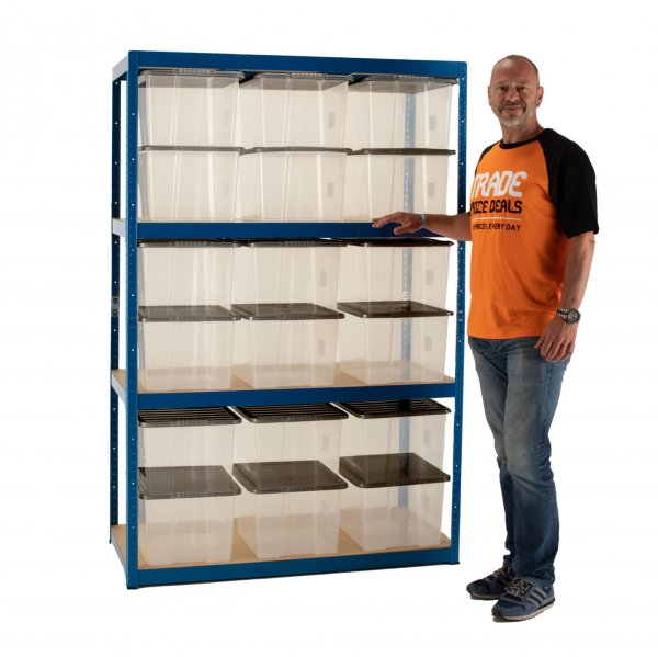 Everyday Storage Shelving Bay | 1800h x 1200w x 450d mm | 4 Levels | 18 x 30 Litre Clear Plastic Storage Boxes
