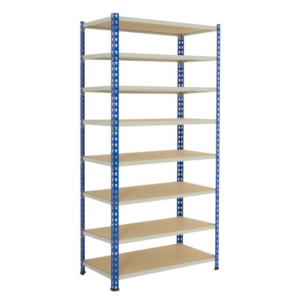 Industrial Shelving | 1830h x 1220w x 305d mm | Chipboard Shelves | 120kg Max Weight per Shelf | 8 Levels | Blue & Grey | TradeMax HD