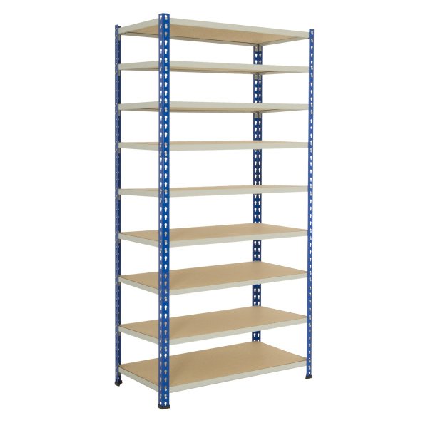 Industrial Shelving | 2440h x 1220w x 610d mm | Chipboard Shelves | 120kg Max Weight per Shelf | 9 Levels | Blue & Grey | TradeMax HD