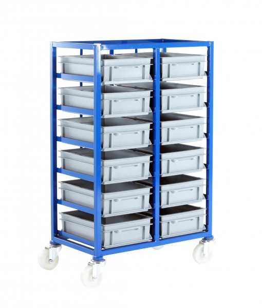 Small Parts Storage Tray Rack | Braked | 12 Trays | Tray Height 120mm | Max Load 200KG | Blue | Loadtek