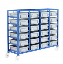 Small Parts Storage Tray Rack | Braked | 24 Trays | Tray Height 120mm | Max Load 200KG | Blue | Loadtek