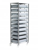 Adjustable Euro Container Tray Rack | 10 Trays | Braked | Fully Adjustable | Up to 60 Runner Positions | Max Load 200KG | Grey | Loadtek