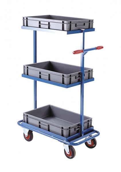 Mobile Tray Trolley | 3 Fixed Tiers | Drop-in Grey Trays | Max Load 150KG | Blue | Loadtek
