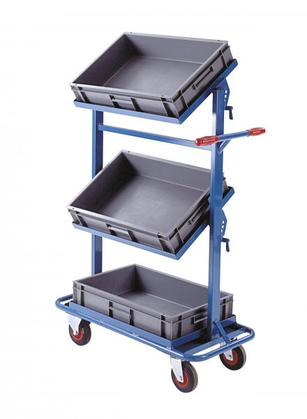 Mobile Tray Trolley | 1 Fixed & 2 Swivel Tiers | Drop-in Grey Trays | Max Load 150KG | Braked | Blue | Loadtek