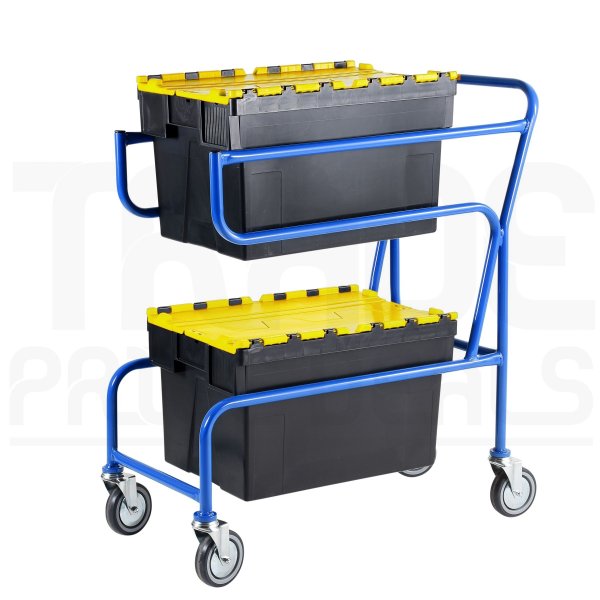 Multi-trip Container Trolley | 2 x Attached Lid Container | Yellow Lids | Max Load 50KG | Blue | Loadtek