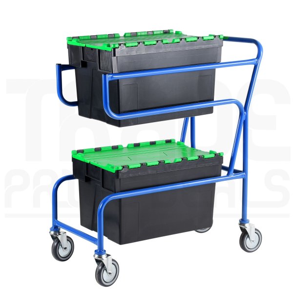 Multi-trip Container Trolley | 2 x Attached Lid Container | Green Lids | Max Load 50KG | Blue | Loadtek