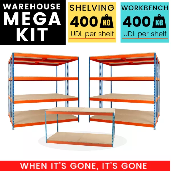 Warehouse Mega Kit 4 Shelving Bays, Industrial Shelving Dimensions