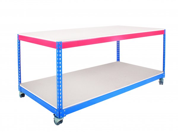 Mobile Workbench | 880h x 1830w x 610d mm | MFC Shelves | 150kg Max Weight per Shelf | Blue & Orange | TradeMax HD