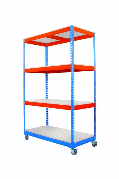 Mobile Trolley Shelving | 1950h x 915w x 610d mm | 75kg Max Weight per Shelf | Blue & Orange | 4 Levels | TradeMax HD