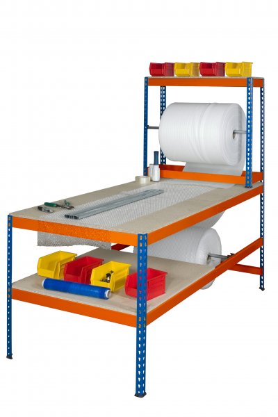 Long Packing Station | 1830h x 915w x 1830d mm | 150kg Max Weight per Shelf | Blue & Orange | TradeMax UHD